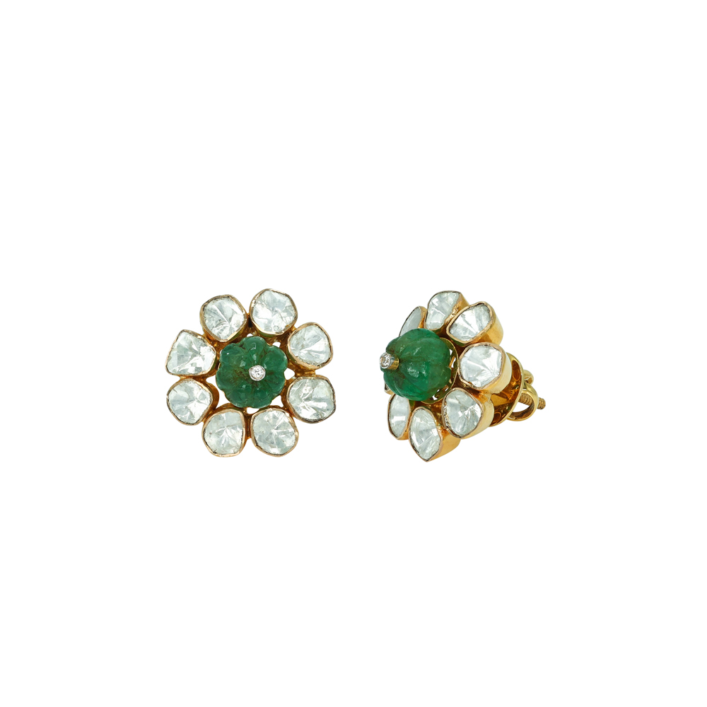 Polki Stud Earrings with Carved Emeralds